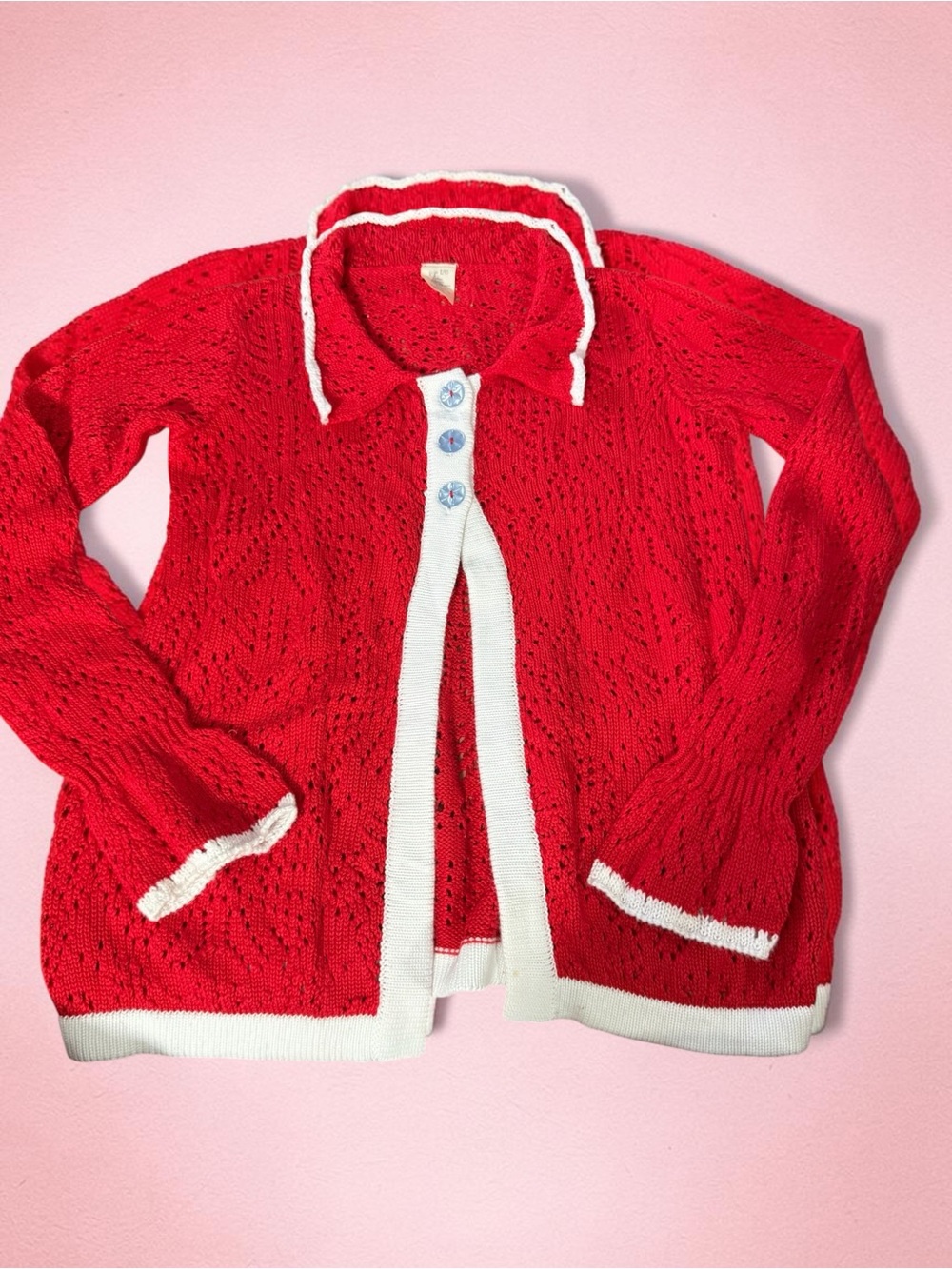 Eleanor Rose Red/White Girls Open Front Pointelle Knit Cardigan with White Trim